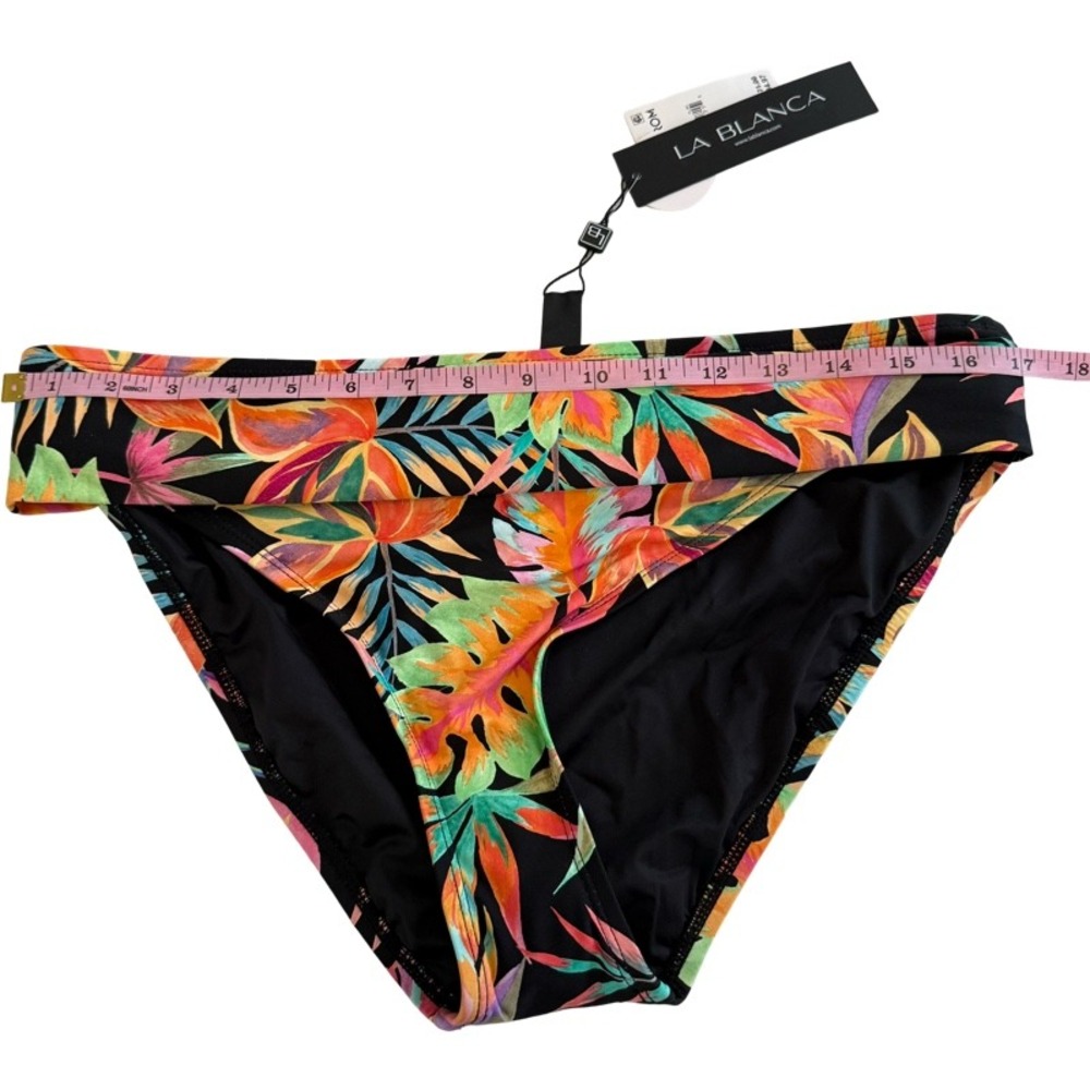 LA BLANCA Tropical Leaf Print Foldover Bikini Bottoms Black Orange Green Size 14 - Picture 3 of 8